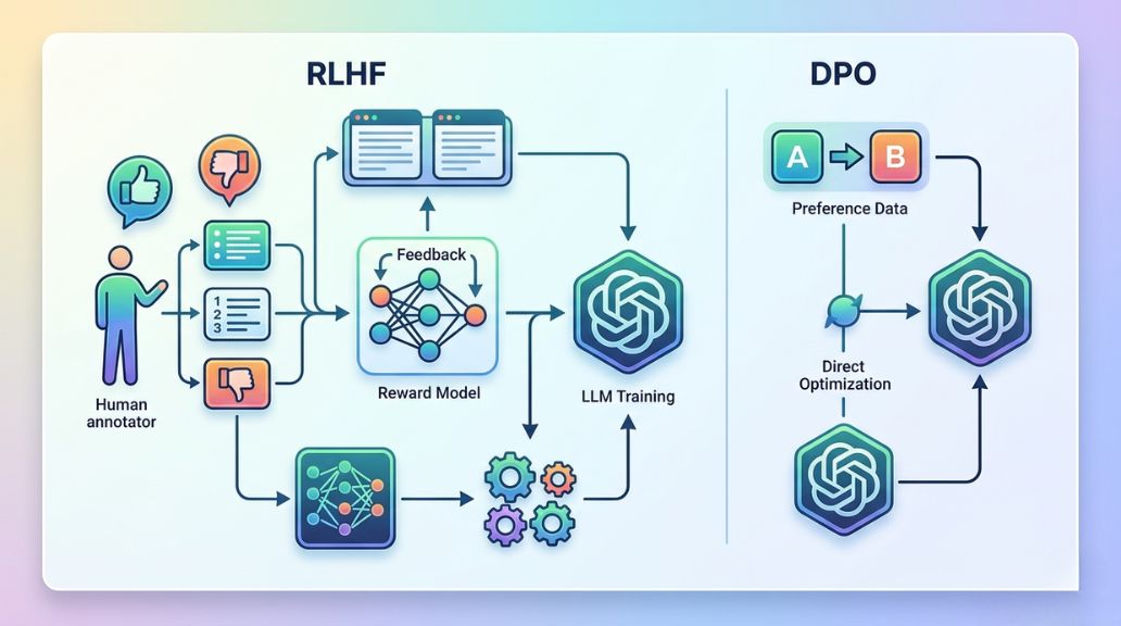 RLHF vs DPO, LLM fine-tuning, Reinforcement Learning from Human Feedback, Direct Preference Optimization, domain-specific LLM, AI model alignment, AquSag Technologies