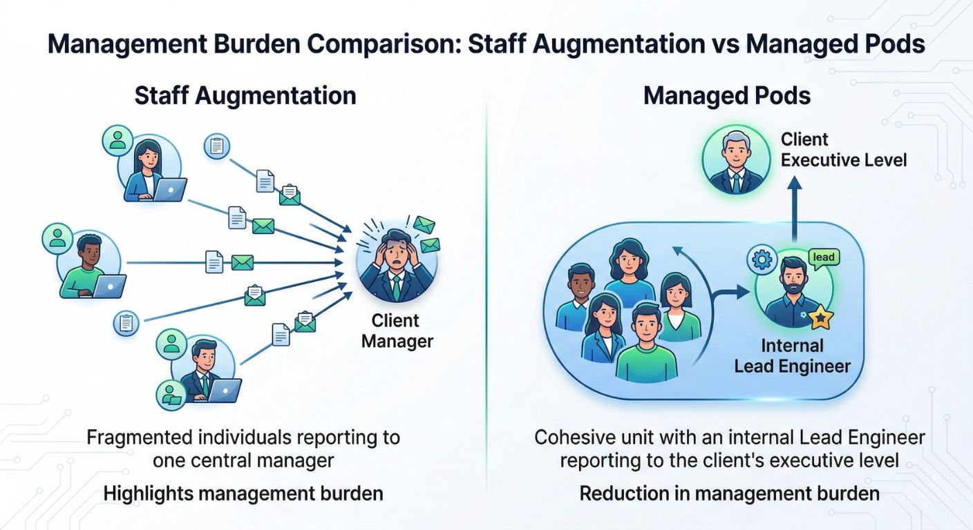 Managed Engineering Pods, Technical Staff Augmentation vs Managed Teams, Dedicated Engineering Teams, Engineering Infrastructure Partner, Stability as a Service, Software Development Outsourcing 2026