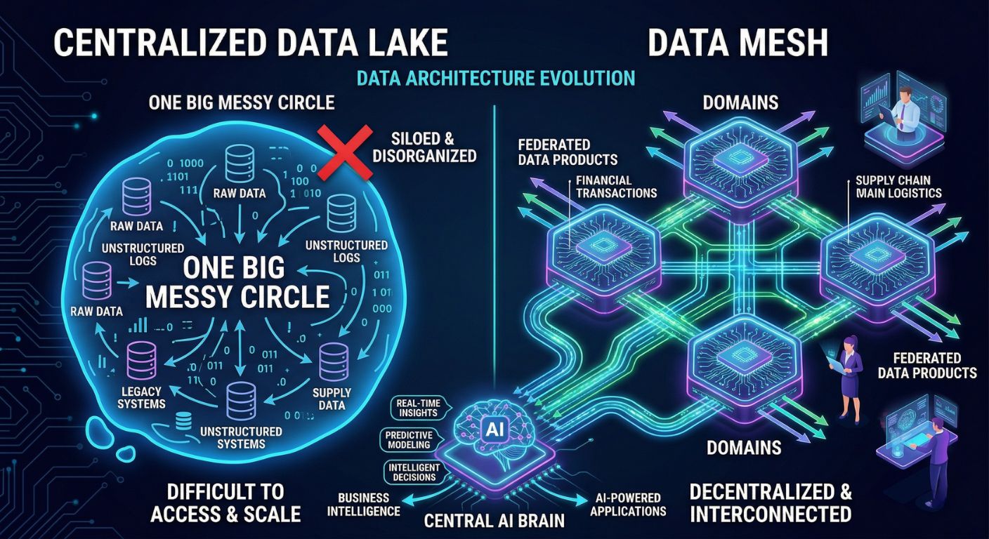 Data Mesh implementation, decentralized data architecture, data as a product, federated computational governance, data domain ownership, AquSag Technologies